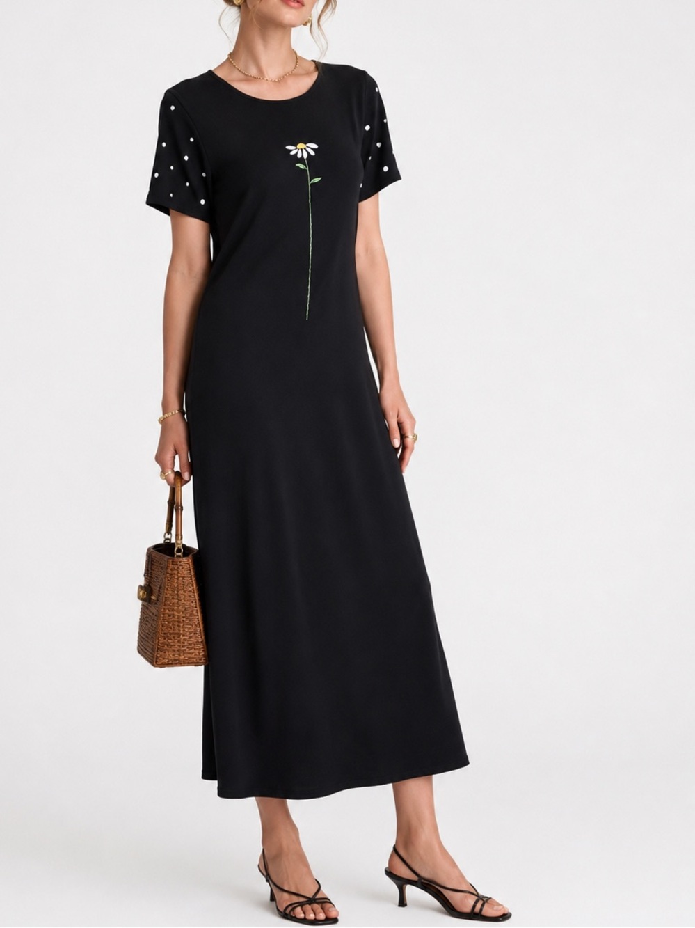 Richard Vintage 100% Cotton Floral Embroidered Beaded Polka Midi Dress Small